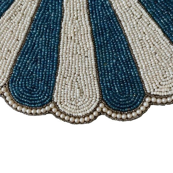 TIRAMISU Hand Glass Beaded Placemat Charger Round Scalloped Edge Blue Cream NEW - Picture 6 of 9